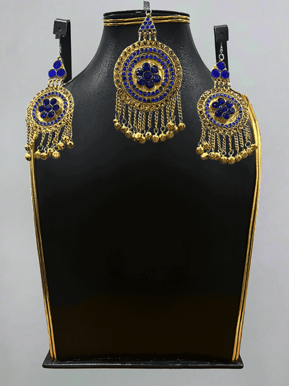 Royal Blue Afghani Jewelry Set for Women – Gold Embellished Necklace & Earrings - Afghan.boutique.us