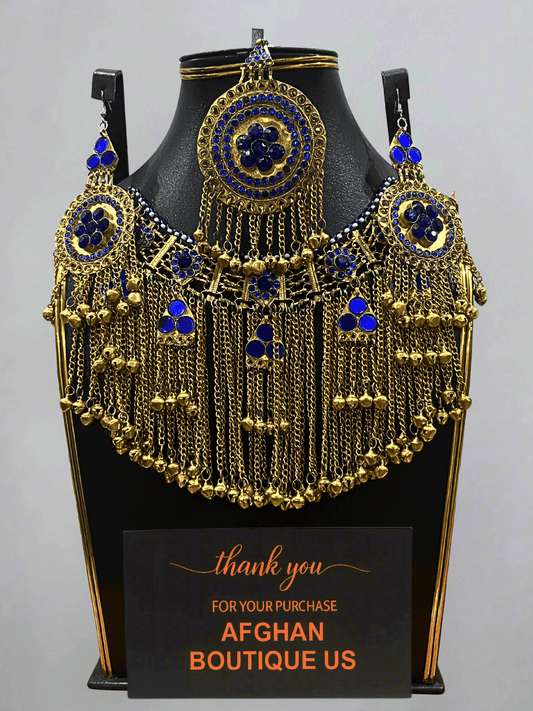 Royal Blue Afghani Jewelry Set for Women – Gold Embellished Necklace & Earrings - Afghan.boutique.us