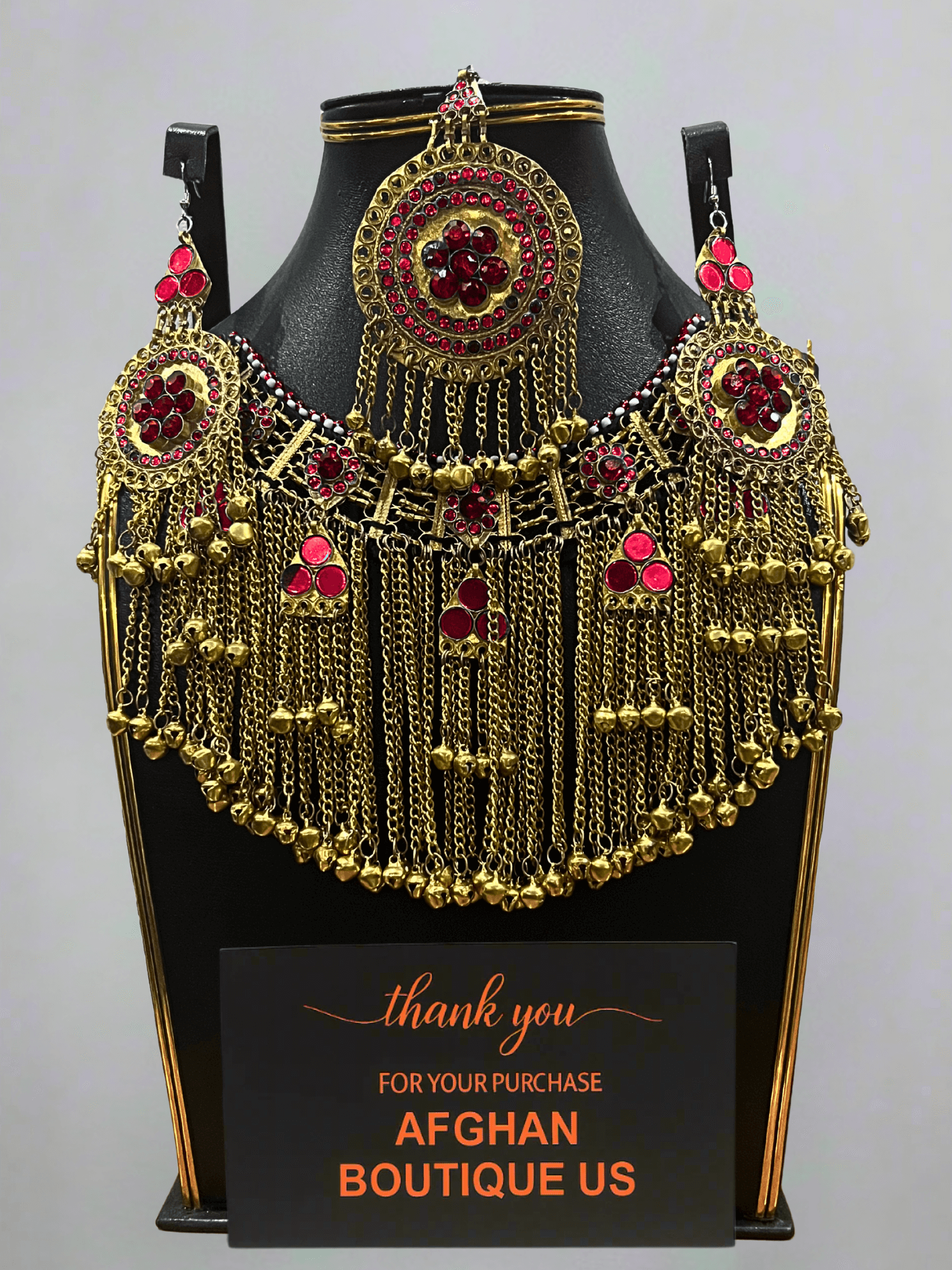 Ruby Red Afghani Bridal Jewelry Set for Women – Gold Finish Necklace & Earrings - Afghan.boutique.us