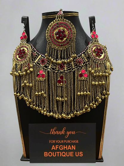 Ruby Red Afghani Bridal Jewelry Set for Women – Gold Finish Necklace & Earrings - Afghan.boutique.us