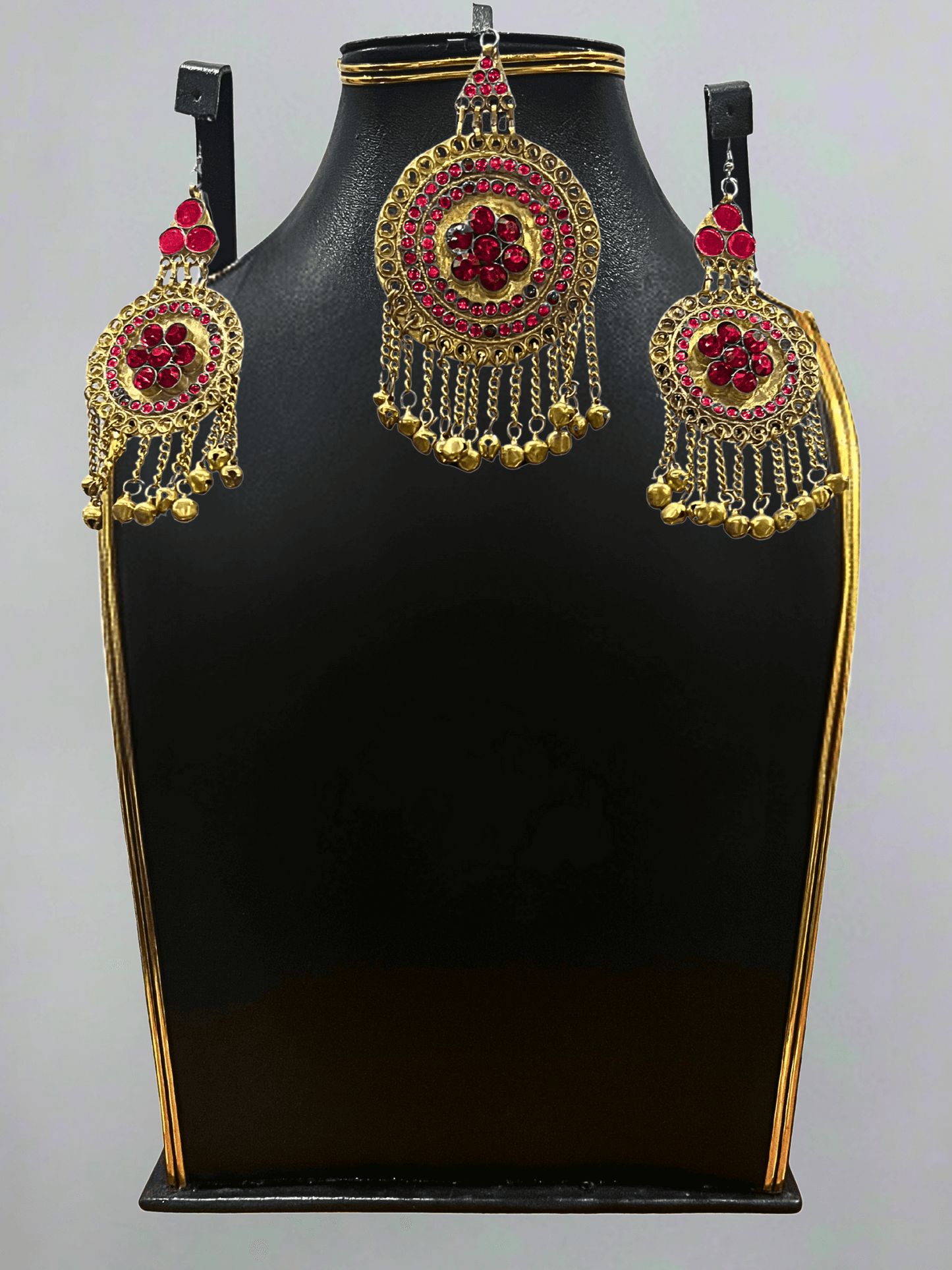 Ruby Red Afghani Bridal Jewelry Set for Women – Gold Finish Necklace & Earrings - Afghan.boutique.us