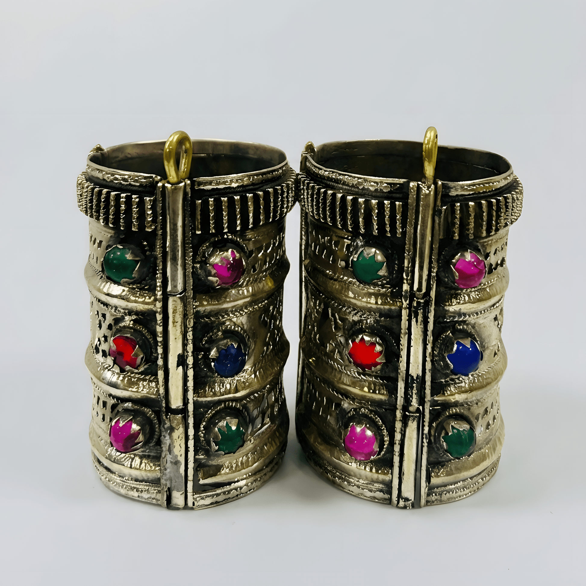 Silver Plated Afghani Bangles for Women – Engraved Cuff Set with Multicolor Stones - Afghan.boutique.us