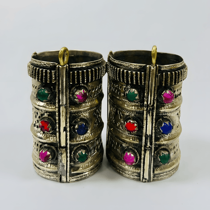 Silver Plated Afghani Bangles for Women – Engraved Cuff Set with Multicolor Stones - Afghan.boutique.us