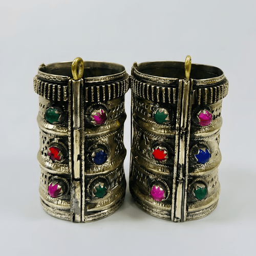 Silver Plated Afghani Bangles for Women – Engraved Cuff Set with Multicolor Stones - Afghan.boutique.us