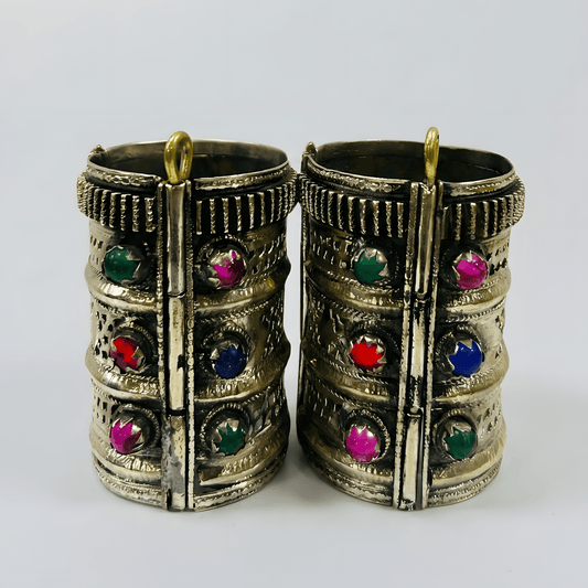 Silver Plated Afghani Bangles for Women – Engraved Cuff Set with Multicolor Stones - Afghan.boutique.us