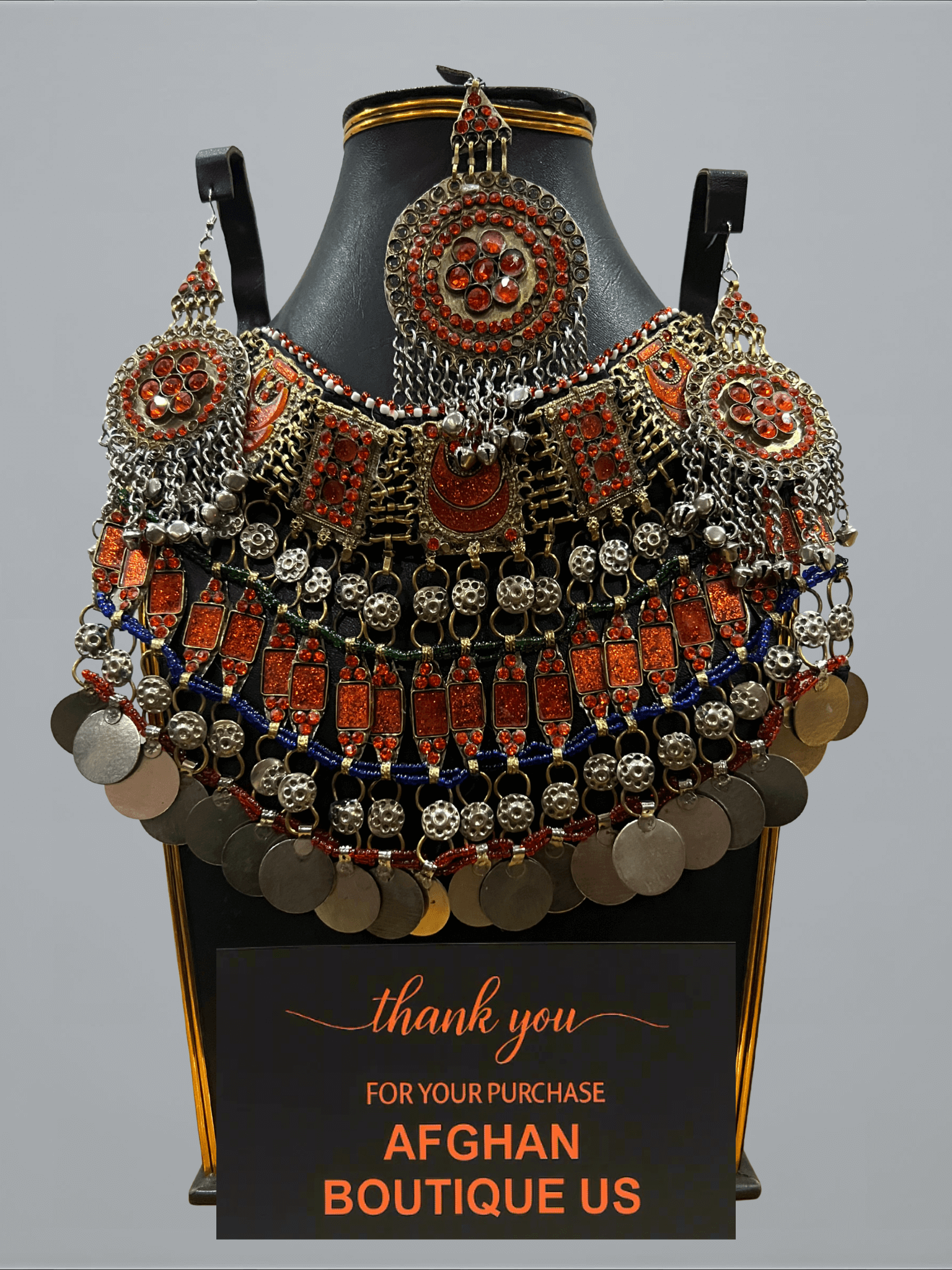Sunset Orange Afghani Jewelry Set for Women – Handcrafted Tribal Necklace & Earrings - Afghan.boutique.us