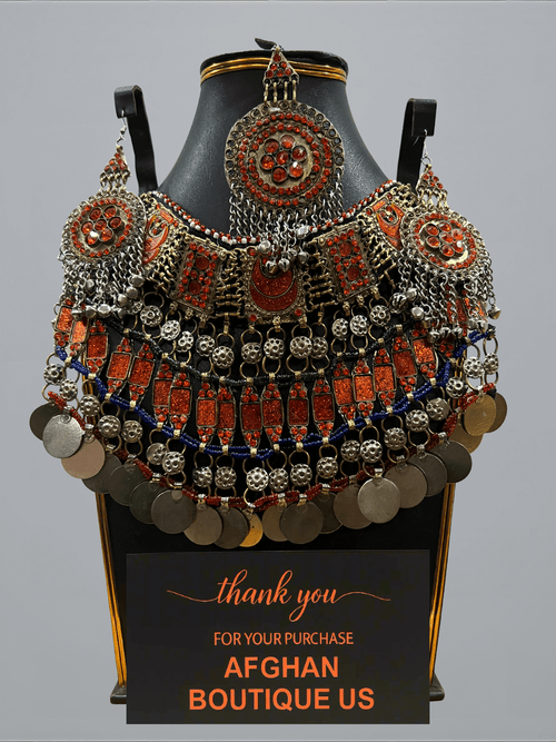 Sunset Orange Afghani Jewelry Set for Women – Handcrafted Tribal Necklace & Earrings - Afghan.boutique.us