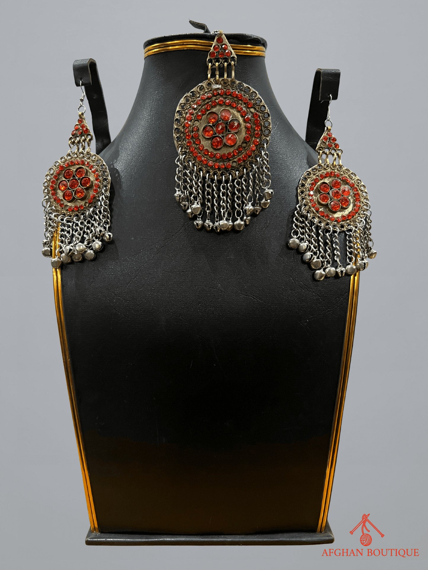 Sunset orange handcrafted Afghani headpiece with earrings