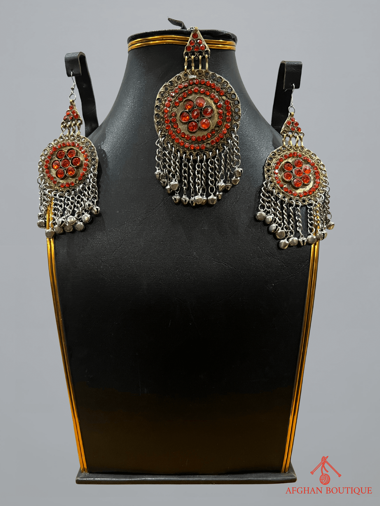 Sunset orange handcrafted Afghani headpiece with earrings