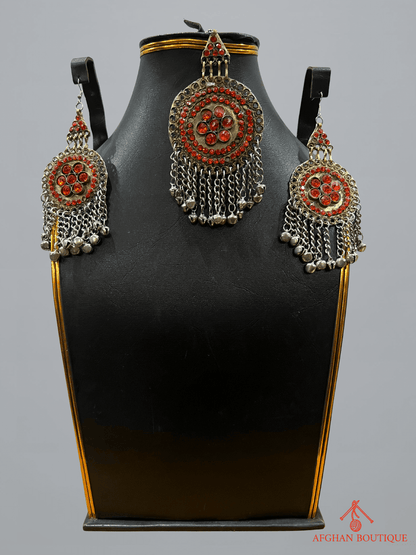 Sunset orange handcrafted Afghani headpiece with earrings