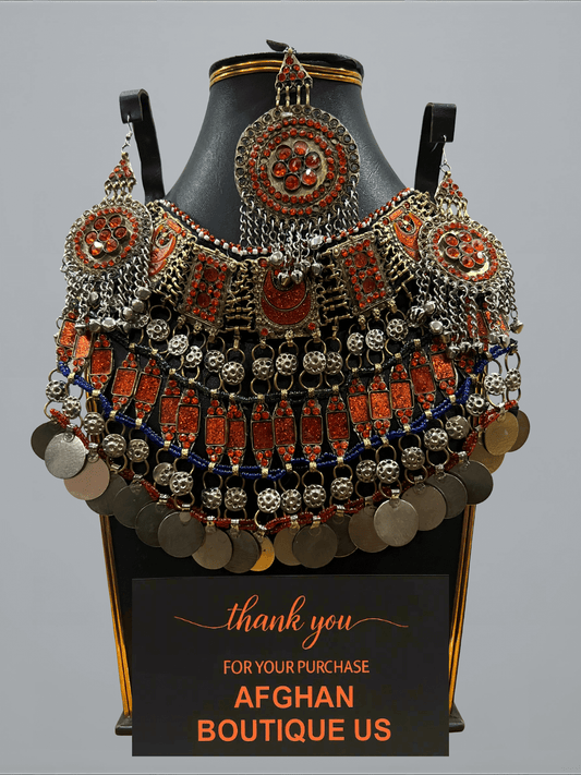 Sunset orange handcrafted Afghani jewelry full set