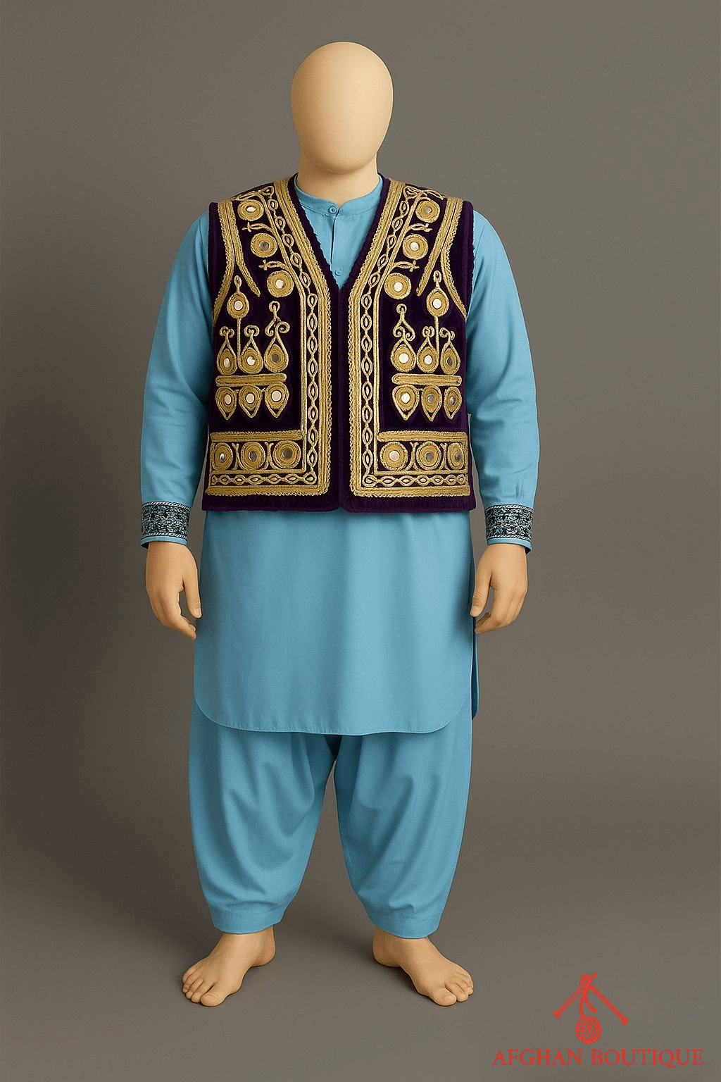 Velvet Afghani Waistcoat for Men – Golden Hand Embroidered Traditional Design - Afghan.boutique.us