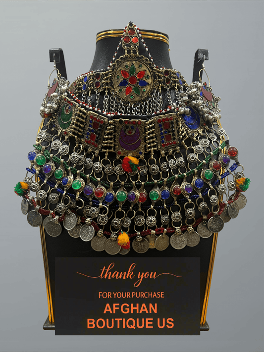 Vibrant Multi - Color Afghani Tribal Jewelry Set for Women – Statement Necklace & Earrings - Afghan.boutique.us